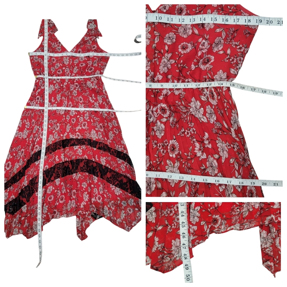 Nanette Lepore Pleated Floral Midi Dress Red Feminine Handkerchief Hem W… - Picture 16 of 16